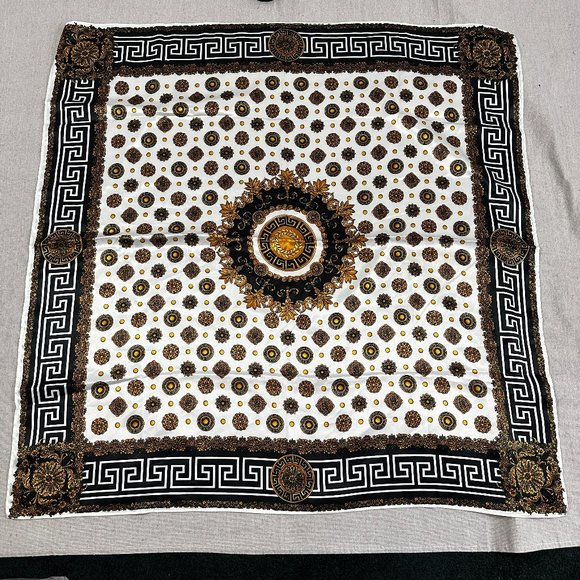 Accessories - Vintage large Medallion/Baroque Pattern scarf 33" square Black White Gold